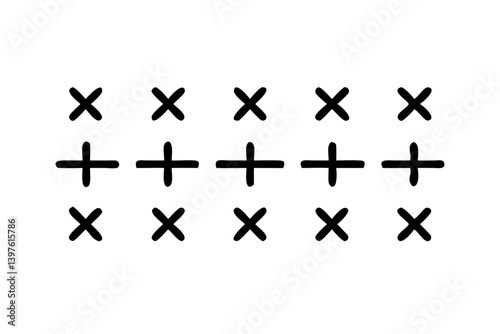 A bold graphic pattern of alternating Xs and plus signs creating a simple yet visually striking design with thick black lines on a white background.
