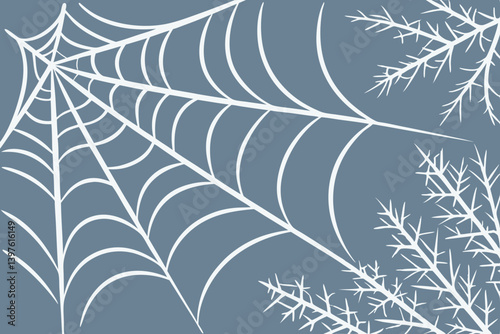 A delicate spiderweb glistening under a twilight sky, interwoven with frost-kissed branches, creating a serene winter scene in muted blue tones.
