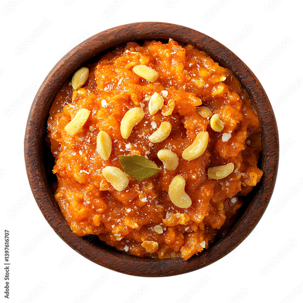 Bowl of gajar halwa with almonds on transparent background