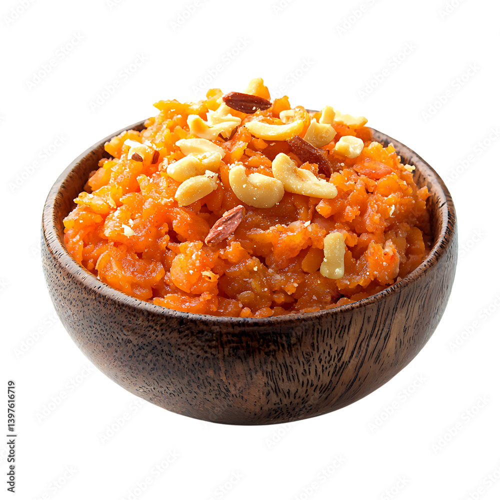 Bowl of gajar halwa with almonds on transparent background
