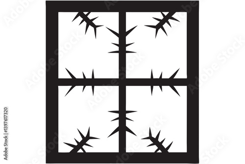 A stark black and white image depicting a window pane shattered by thorny vines, symbolizing confinement and the struggle for freedom, in a bold graphic style.