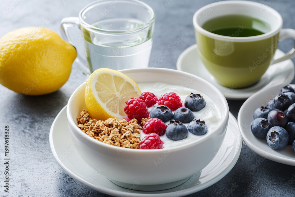 Balanced breakfast: Greek yogurt with granola and berries, a glass of water with lemon and a cup of green tea Balanced breakfast: Greek yogurt with granola and berries, a glass of water with lemon and a cup of green tea