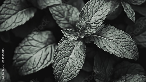 A close up shot of fresh mint leaves in a dark setting highlighting the intricate leaf textures