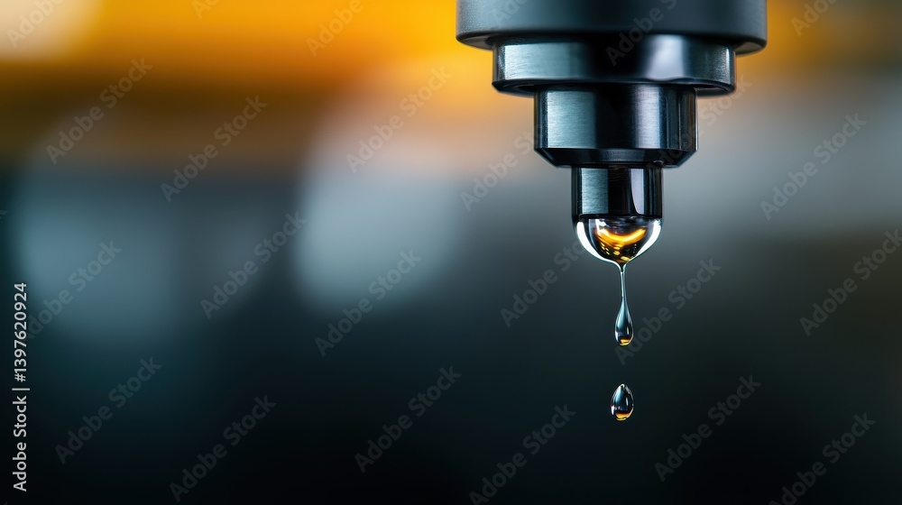 Close-up of a dripping faucet with a single droplet forming, against a blurred background Close-up of a dripping faucet with a single droplet forming, against a blurred background