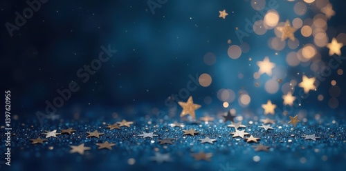 Twinkling silver and gold confetti stars against a dark blue Christmas evening, metallic, dark background