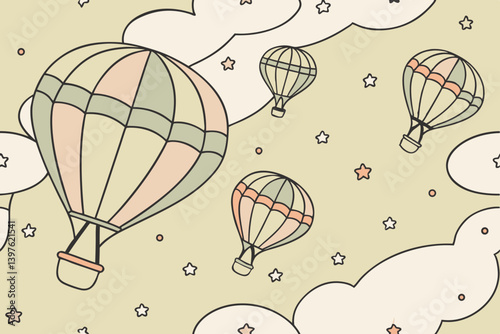 Pastel hot air balloons drift serenely amidst fluffy clouds and twinkling stars, a whimsical dreamlike journey.