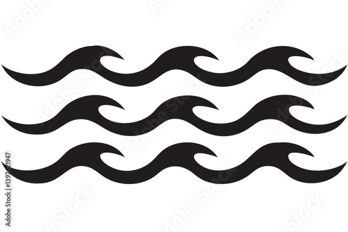 Three bold black waves flowing rhythmically across a stark white background, a powerful symbol of ocean currents and continuous movement.