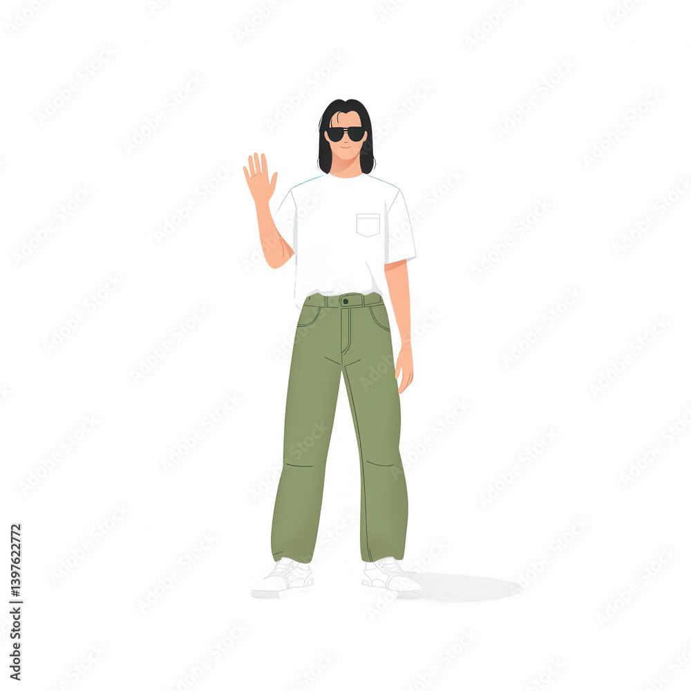 A stylish person wearing sunglasses and casual attire, posing confidently with a friendly wave against a white isolated background. A stylish person wearing sunglasses and casual attire, posing confidently with a friendly wave against a white isolated background.