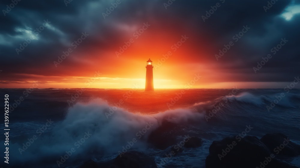 Photograph of the lighthouse with a beautiful sunset, surrounded by rocks and sea waves. Photograph of the lighthouse with a beautiful sunset, surrounded by rocks and sea waves.