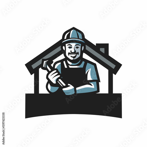 A builder mascot logo. handy man community emblem. Flat style. Vector illustration on white background.