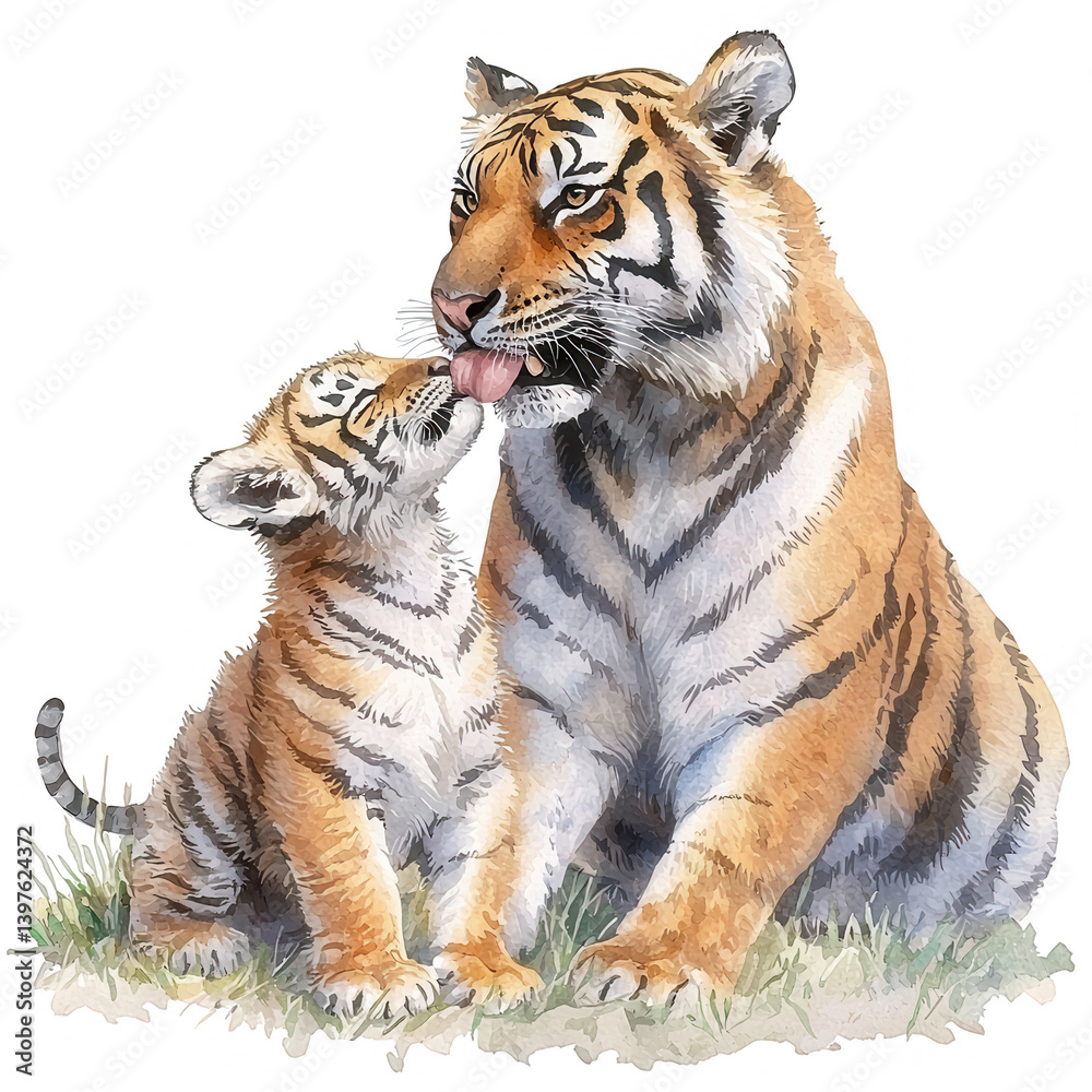 Obraz premium A tender moment between a mother tiger and her cub, depicting affection in the wild. The expressive features showcase love and connection in a natural setting.