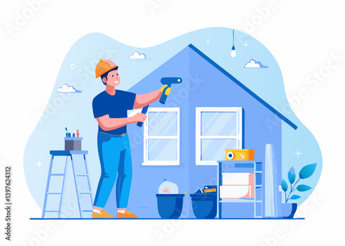 A person doing DIY home renovation image. Cartoon style. Vector illustration.