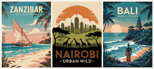 Set of travel destination posters in retro style. Bali, Indonesia, Zanzibar, Tanzania, Nairobi, Kenya landscape prints. Exotic vacation concept. Vector art illustrations