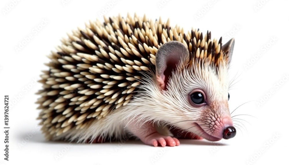 Obraz premium Tiny hedgehog curled, isolated on pure white background, garden, simple, fur