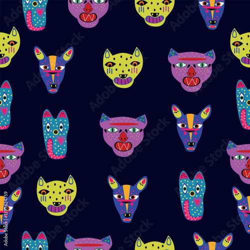 Mixed animal mask seamless pattern featuring different tribal cartoon faces on dark background. Variety of styles and characters in one vivid composition.