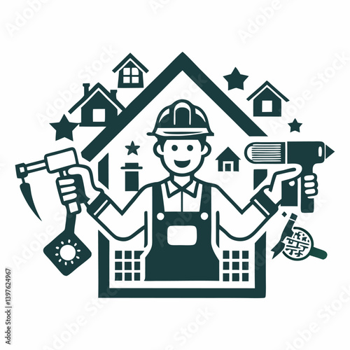 A person doing a DIY home renovation image. Simple flat illustration on a white background. Vector graphic.
