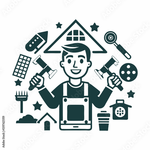 A person doing a DIY home renovation image. Simple flat illustration on a white background. Vector graphic.