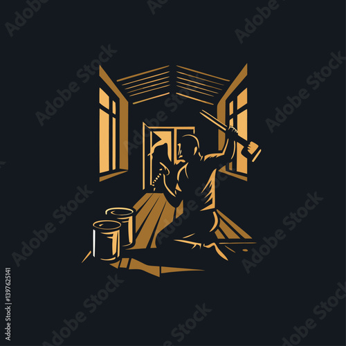 A person doing a DIY home renovation engraved vintage image. Vector illustration.