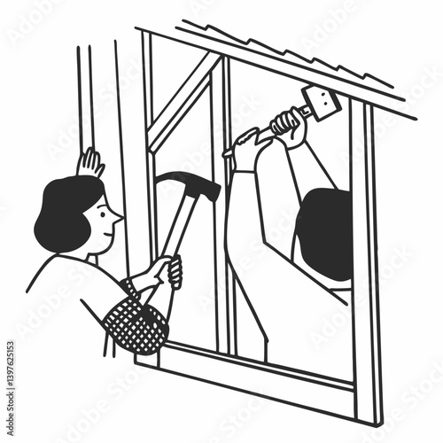 A person doing a DIY home renovation outline simple image. Flat style. Vector illustration.