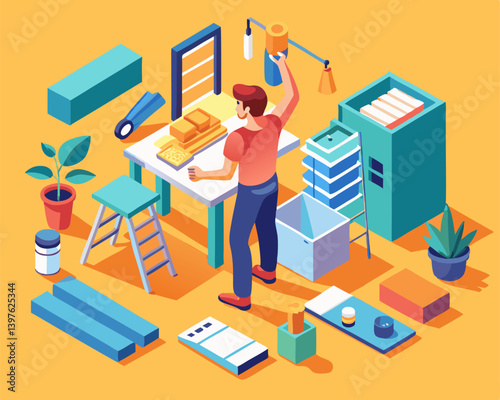 A person doing a DIY home renovation image. Isometric style. Vector illustration.