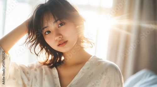 Free Download Serene Asian Woman in Natural Light, A Portrait of Tranquility and Beauty - GFXLoad
