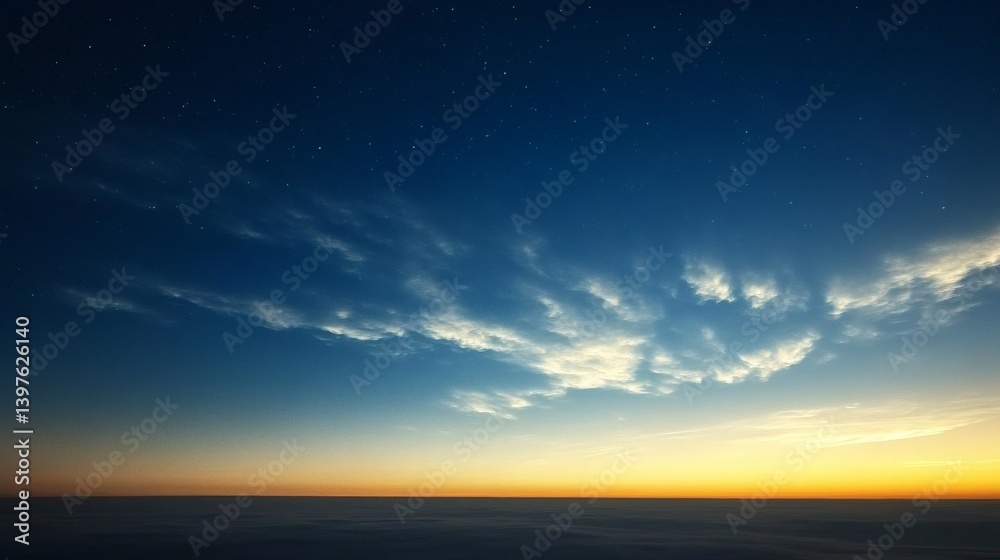 Fototapeta premium Sunset cloudscape above sea of clouds, night sky. Travel, landscape photography