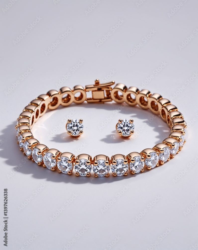 A diamond tennis bracelet and studs jewelry set in plain white background A diamond tennis bracelet and studs jewelry set in plain white background