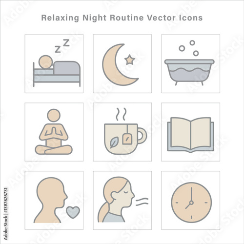Minimalist night routine icon set symbolizes healthy sleep, mindful relaxation, and bedtime habits, ideal for calming rituals, wellness routines and restful self-care visuals. Evening wellness concept