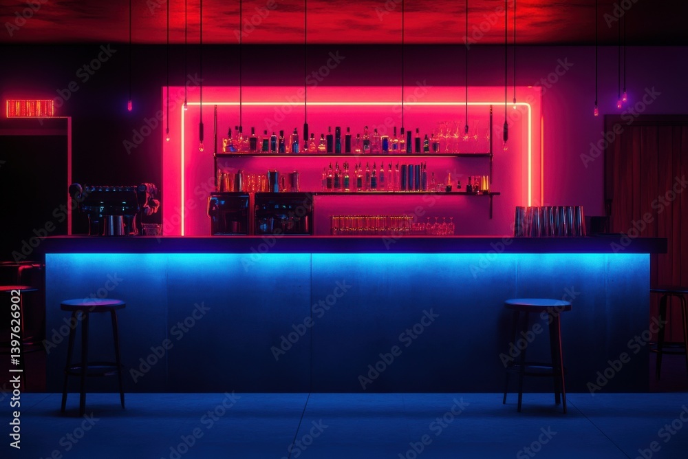 Bar counter in neon noir lighting with negative space above