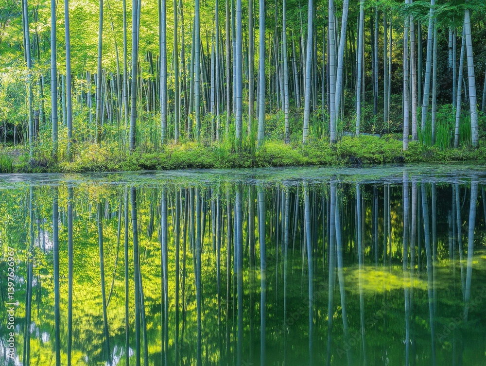 Bamboo forest reflected in still pond with zen composition and copy space on left