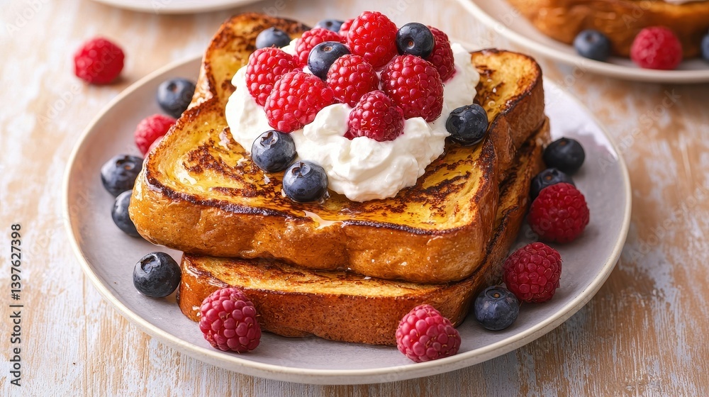 Close-up of French toast topped with berries and whipped cream rustic table setting natural light macro photography, Realistic Photo Close-up of French toast topped with berries and whipped cream rustic table setting natural light macro photography, Realistic Photo