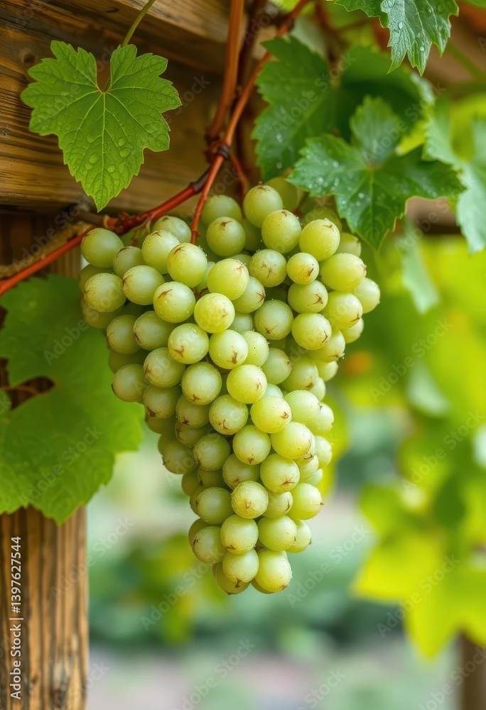 Dew-kissed green grapes cluster on a rustic wooden arbor, fruit, country, farm Dew-kissed green grapes cluster on a rustic wooden arbor, fruit, country, farm