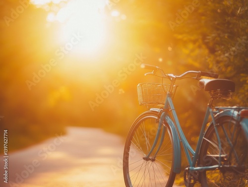 Obraz na płótnie Bicycle against yellow sun with warm lighting and space for branding w salonie