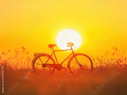 Obraz na płótnie Bicycle against yellow sun with warm lighting and space for branding w salonie