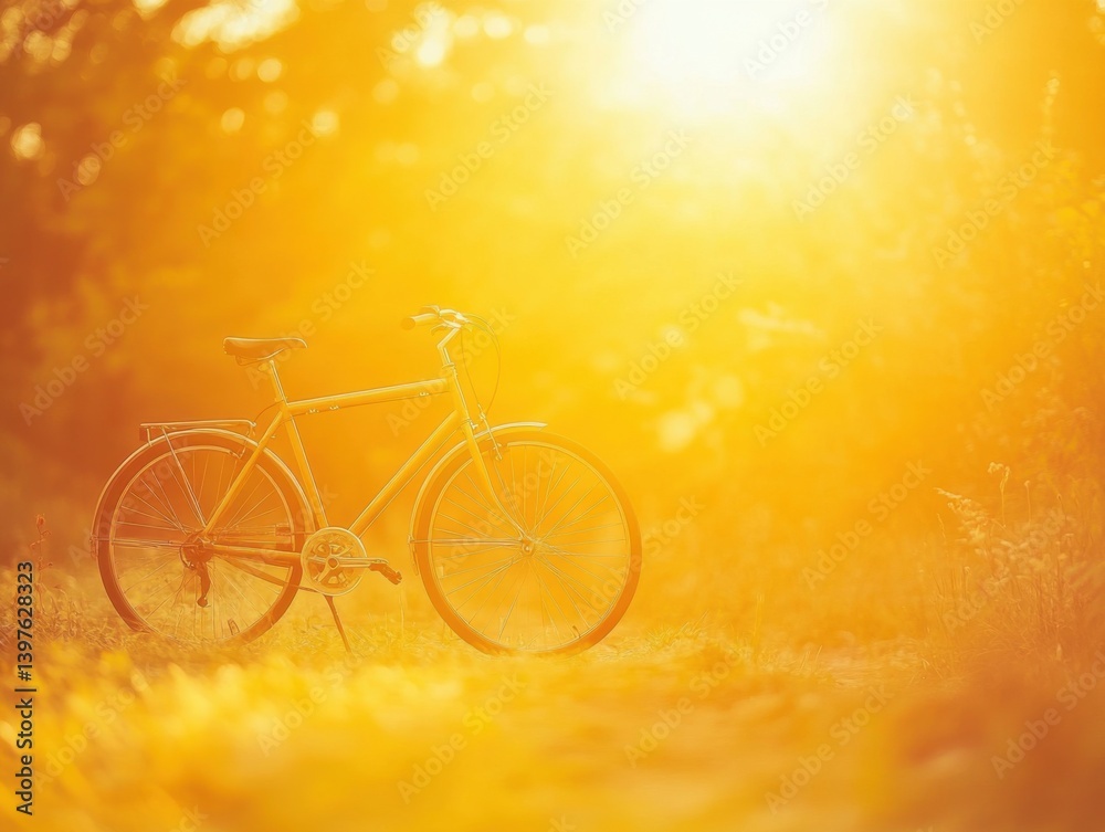 Bicycle against yellow sun with warm lighting and space for branding