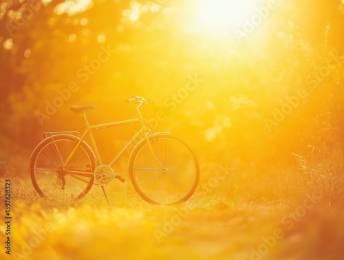 Obraz na płótnie Bicycle against yellow sun with warm lighting and space for branding w salonie