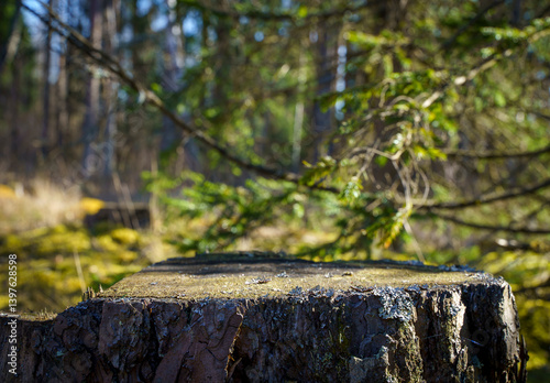 Wallpaper Mural Table wood stomp podium in nature forest background. Place for Product display  Torontodigital.ca
