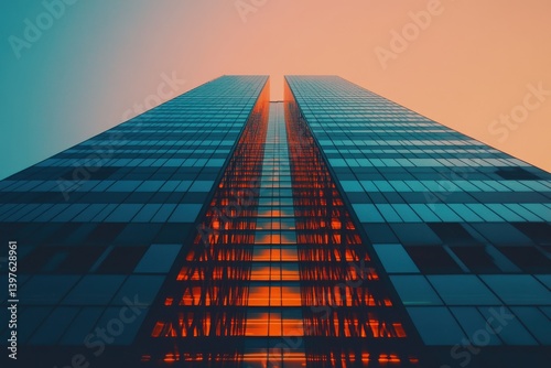 Wallpaper Mural Modern glass skyscraper, geometric patterns, illuminated office windows, dusk lighting, warm orange glow Torontodigital.ca