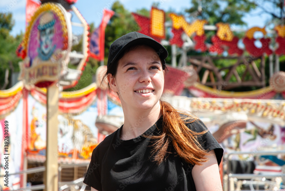Obraz premium Joyful day at the amusement park with carnival rides. Young woman.. Happy summer days, travel and vacation concept