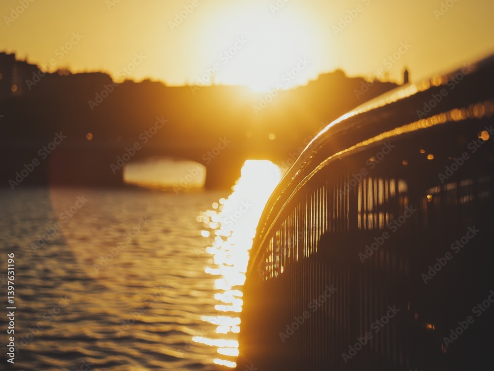 Bridge against large yellow sun with architectural beauty, golden hour and copy space on left