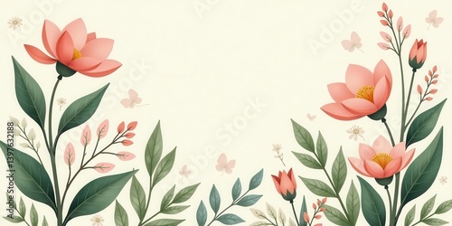 Elegant Floral Design with Delicate Blossoms and Lush Greenery, Perfect for Invitations or Greeting Cards