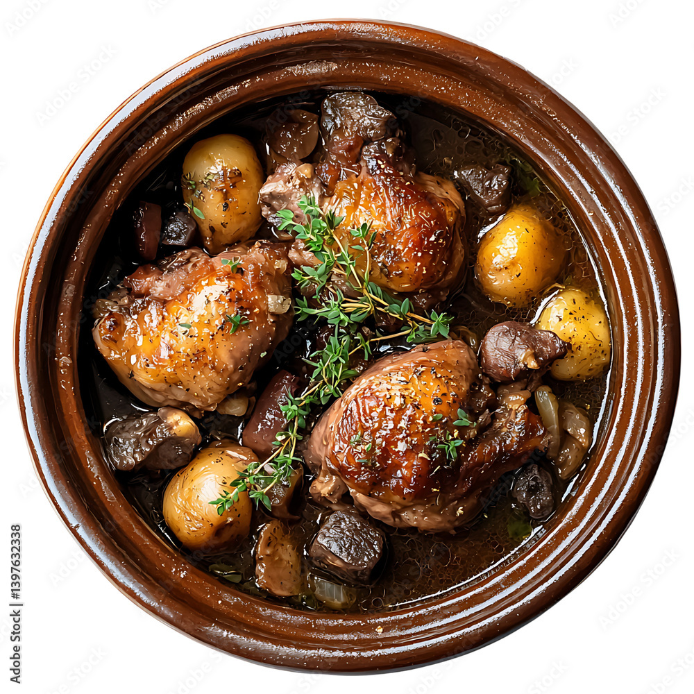 A savory French coq au vin chicken stew with drumsticks mushrooms onions and herbs is served in a brown ceramic pot on a clean transparent background