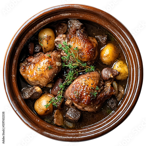 Obraz na płótnie A savory French coq au vin chicken stew with drumsticks mushrooms onions and herbs is served in a brown ceramic pot on a clean transparent background w salonie