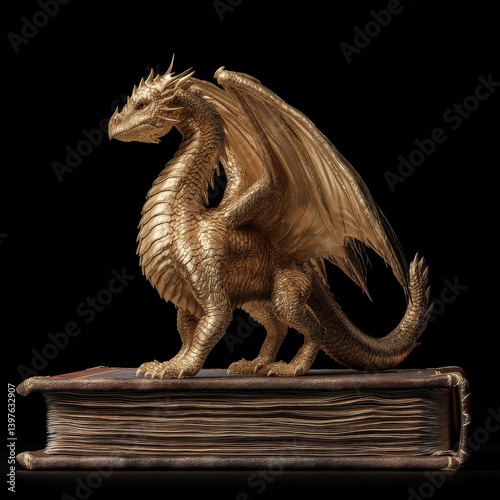 chinese dragon statue on old book isolated on black