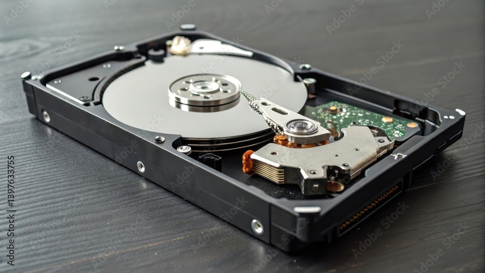 Hard disk drive on a dark wooden surface highlighting technology and storage. Hard disk drive on a dark wooden surface highlighting technology and storage.