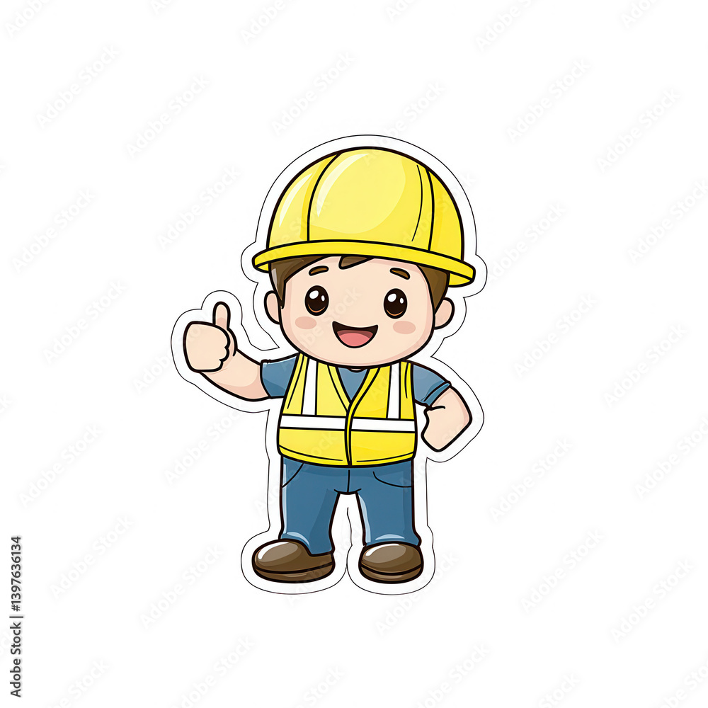 Cheerful construction worker character giving a thumbs up, wearing a safety helmet and reflective vest against a white isolated background. Cheerful construction worker character giving a thumbs up, wearing a safety helmet and reflective vest against a white isolated background.