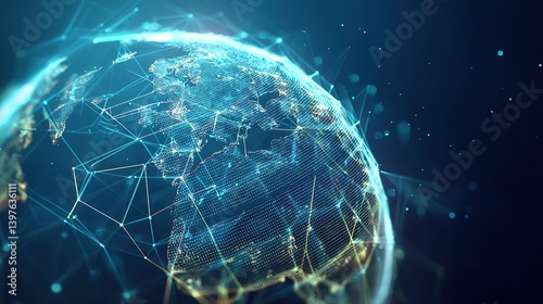 An abstract digital globe, consisting of lines and dots on a dark blue background, represents the concept of global network technology or world communication. The design also has a copy space area.
