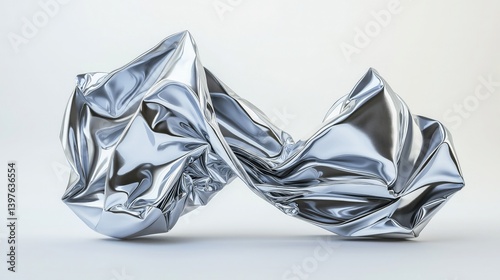 A metallic silver plastic bag crumpled and shaped into a dynamic, abstract form. isolated on white background.