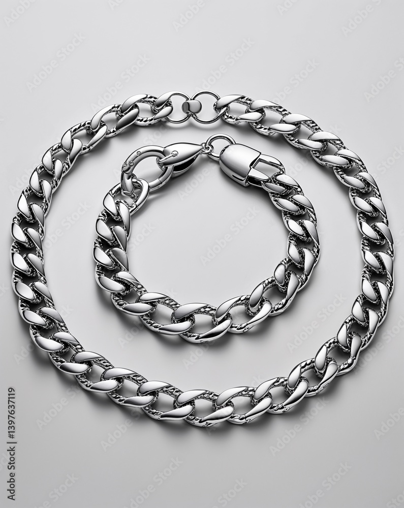 Obraz premium A mens silver chain and bracelet jewelry set in plain white background