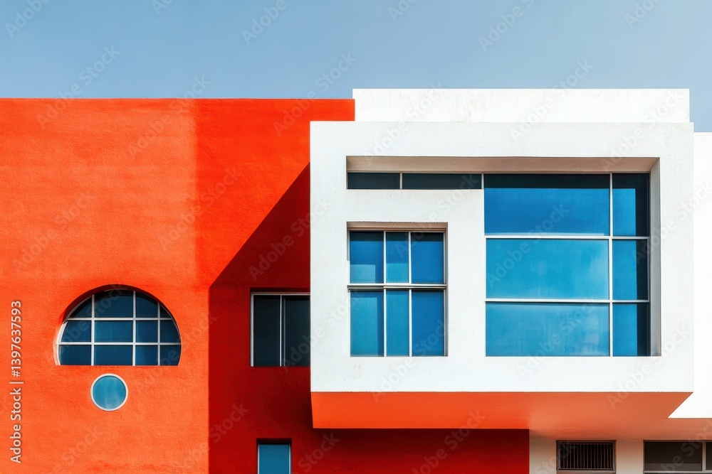 Modern architecture, geometric shapes, red and white building exterior, blue glass windows Modern architecture, geometric shapes, red and white building exterior, blue glass windows